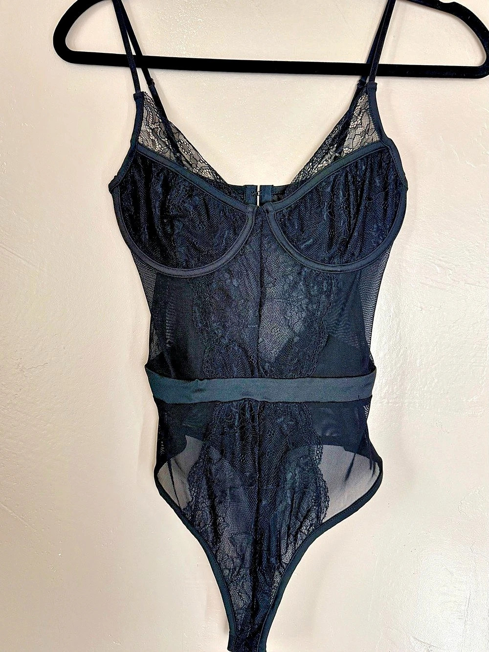 Black Mesh Sheer Floral Lace Underwire Corset Bodysuit NWOT